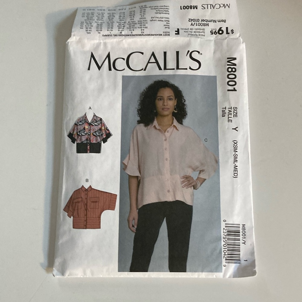 McCall's M8001 loose fitting top Pattern XS S M uncut